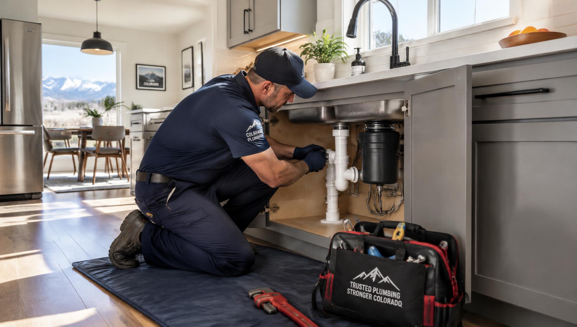 CHR Plumbing plumber repairing pipes under a kitchen sink in a Colorado home