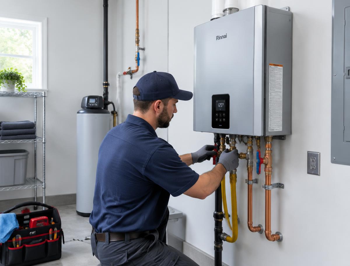 CHR Plumbing technician installing a tankless water heater